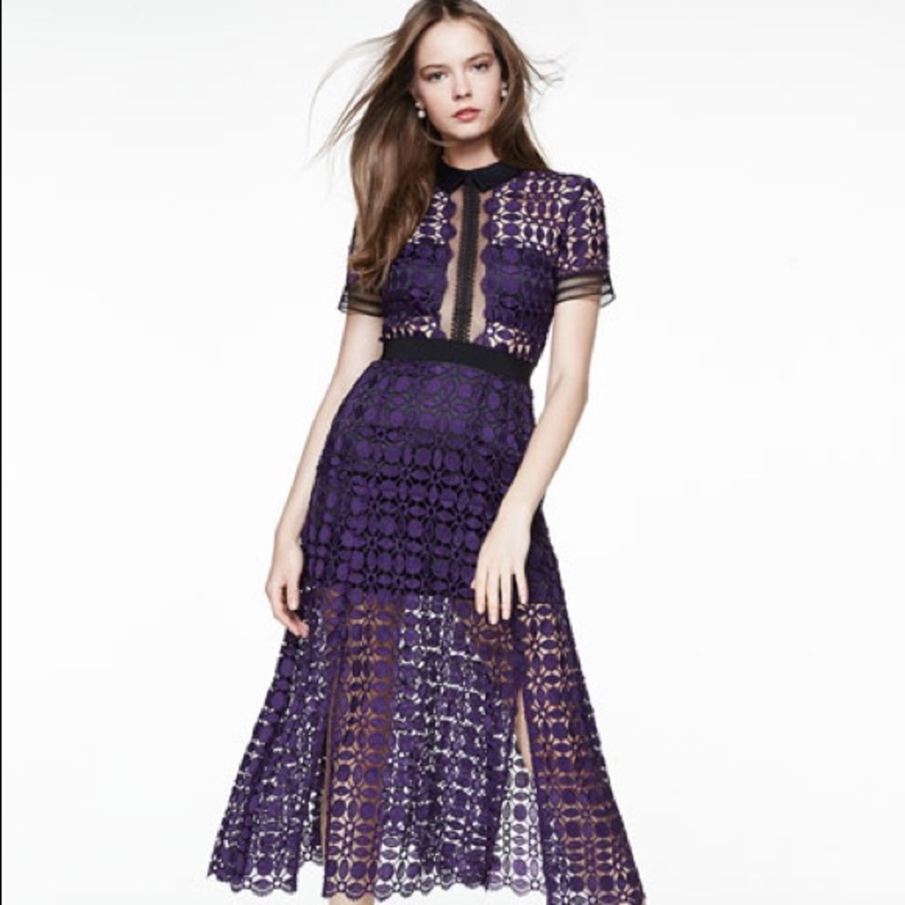 Self Portrait Short-Sleeve Guipure-Lace Midi Dress